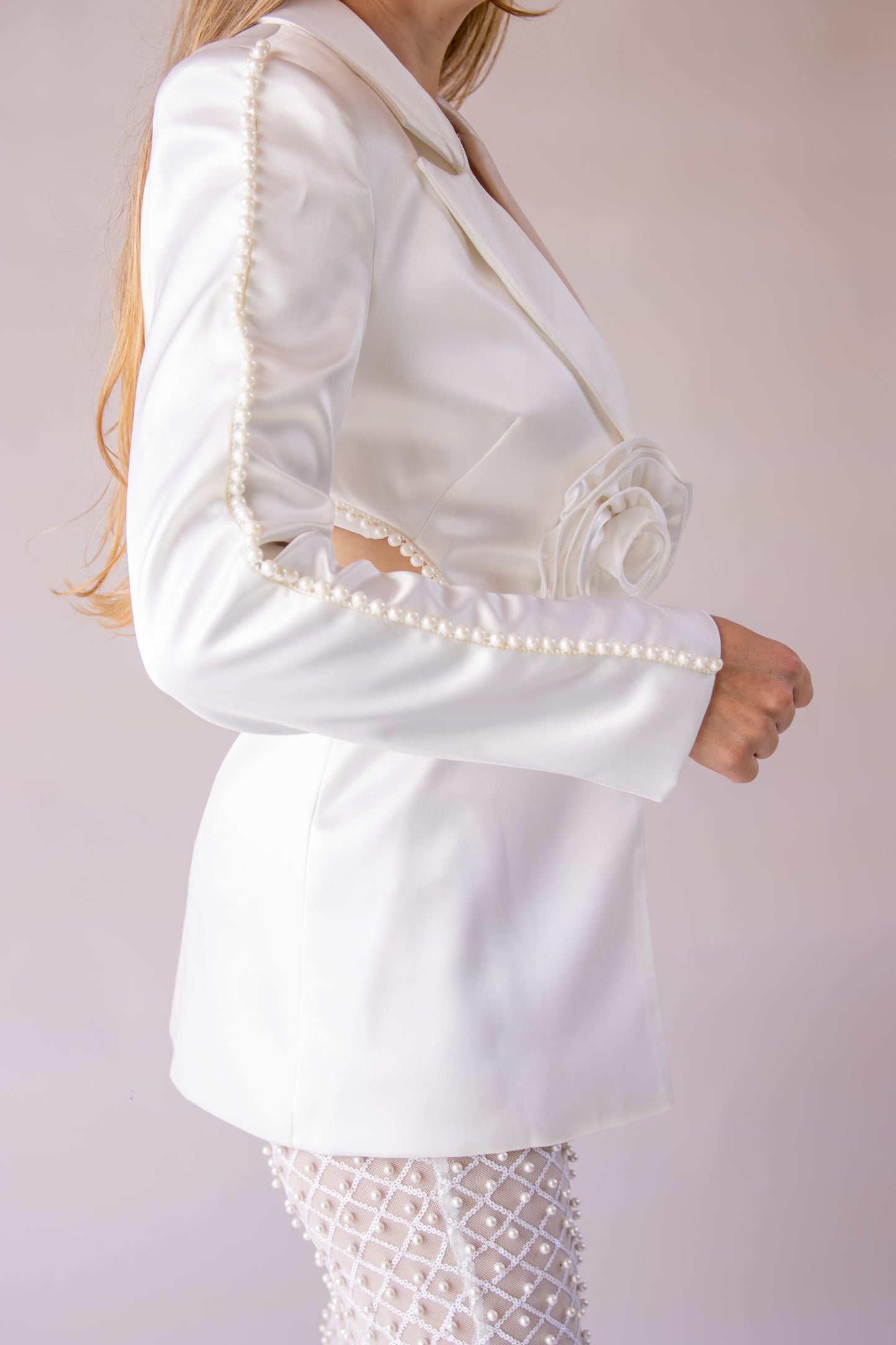 White Pearl Detail Suit – Elegant Women Blazer Set | Maelia