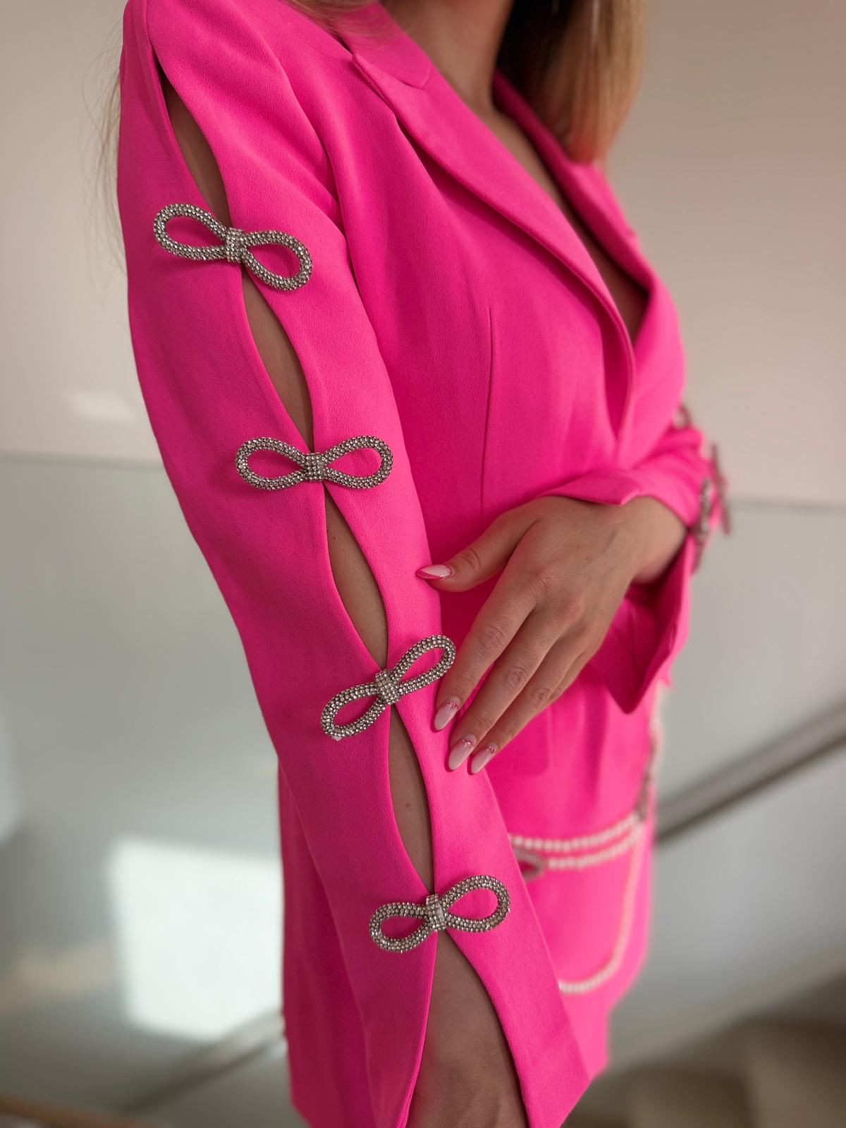 Elegant Pink Blazer Dress – Pearl Chain & Bow Detail