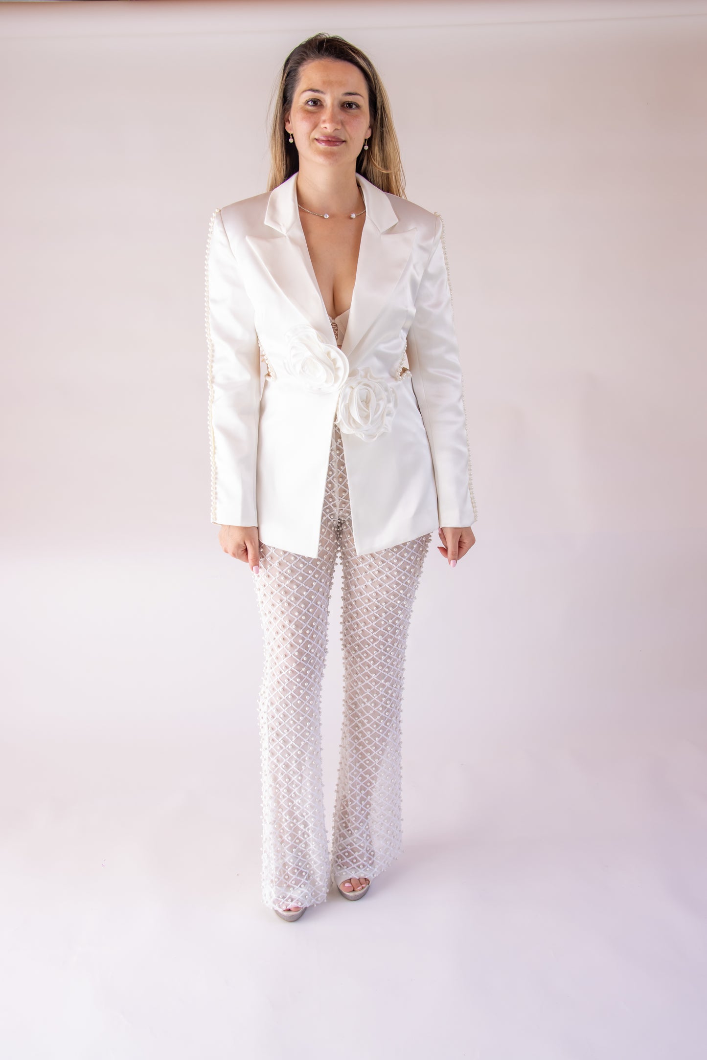 White Pearl Detail Suit – Elegant Women Blazer Set | Maelia