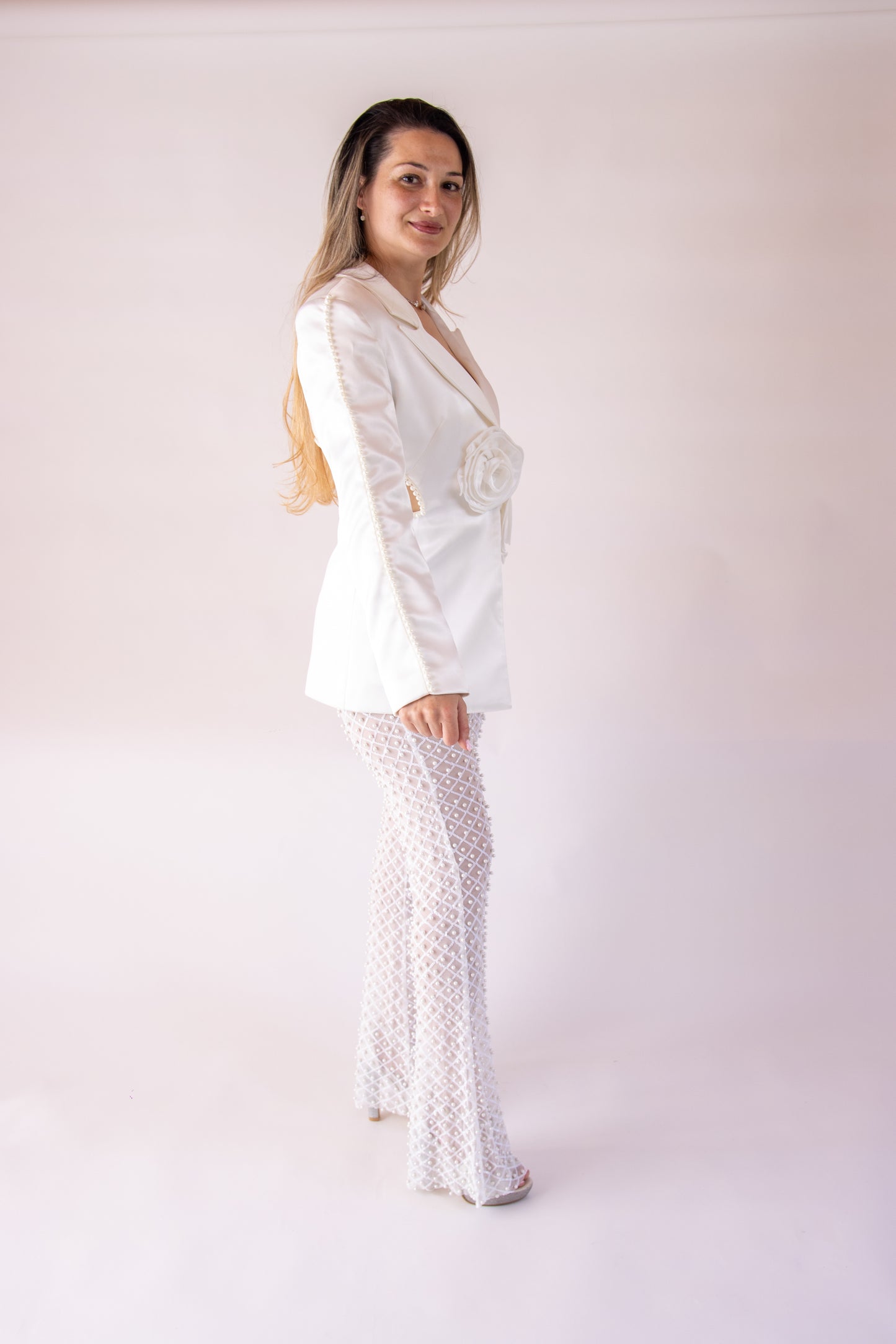 White Pearl Detail Suit – Elegant Women Blazer Set | Maelia